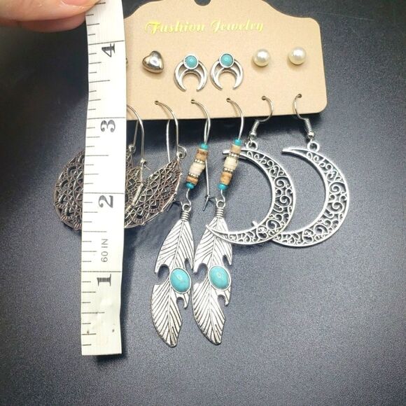 BOHEMIAN Crescent moon turquoise feather earring bundle set - Picture 7 of 7